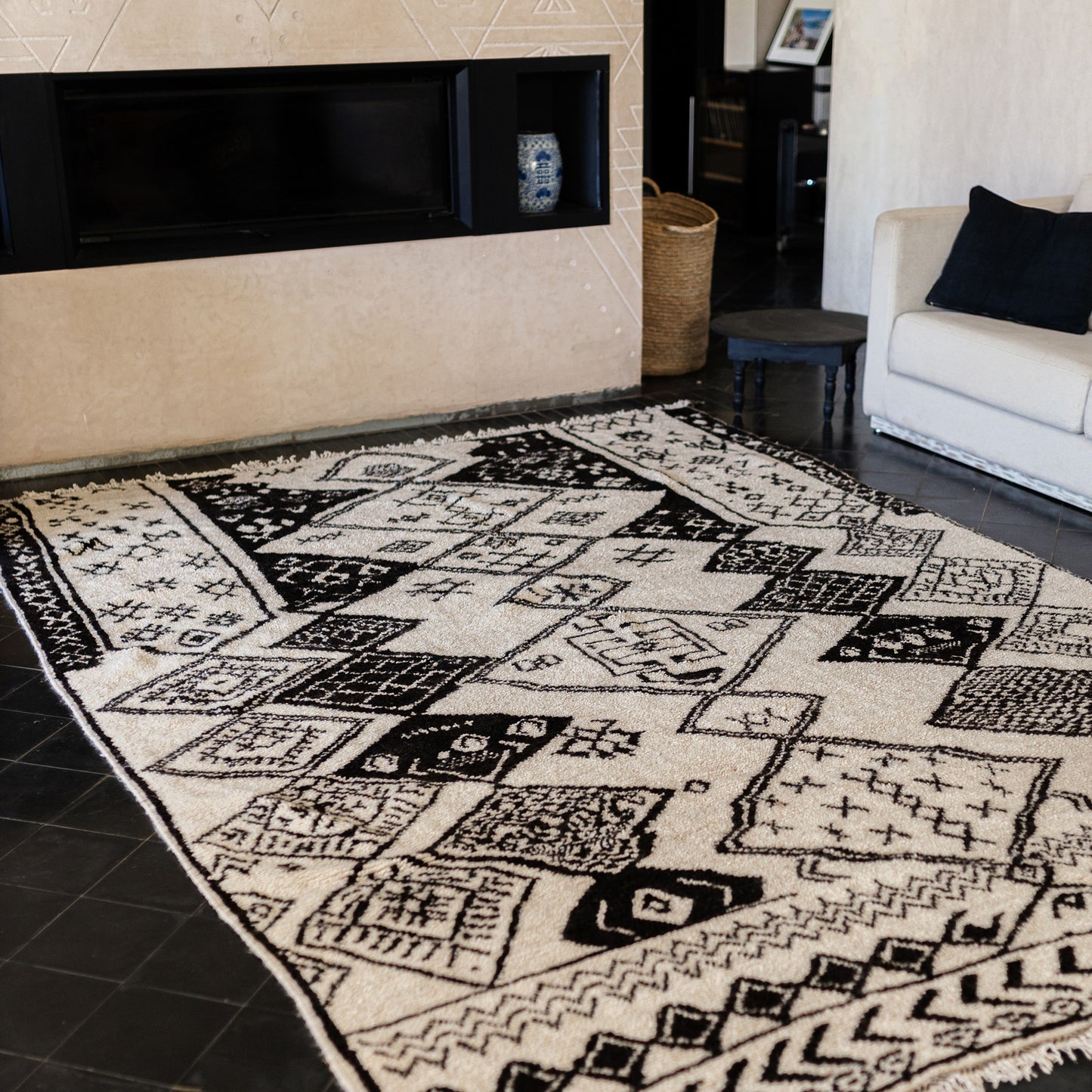 Black and White Azilal Rug – Handmade Moroccan Wool Carpet with Berber Figures