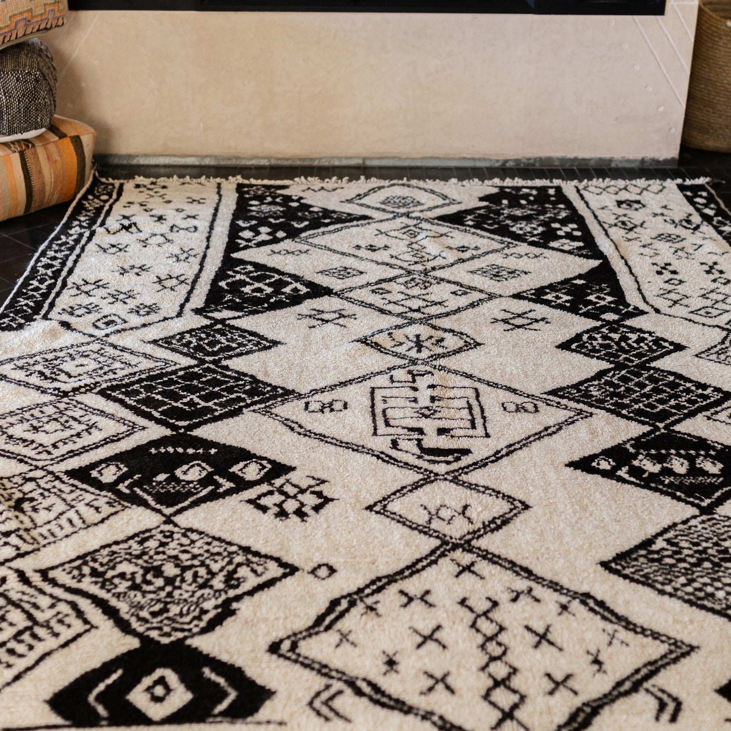 Black and White Azilal Rug – Handmade Moroccan Wool Carpet with Berber Figures
