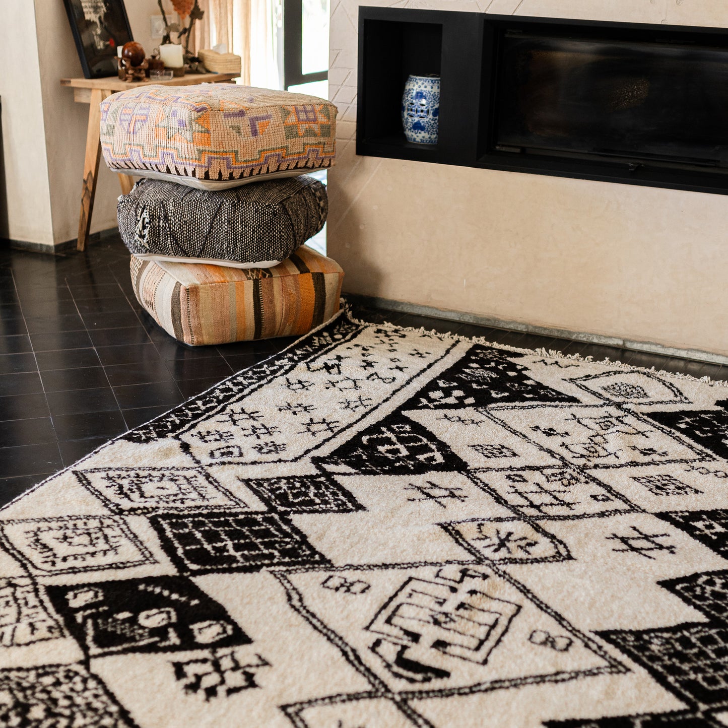 Black and White Azilal Rug – Handmade Moroccan Wool Carpet with Berber Figures