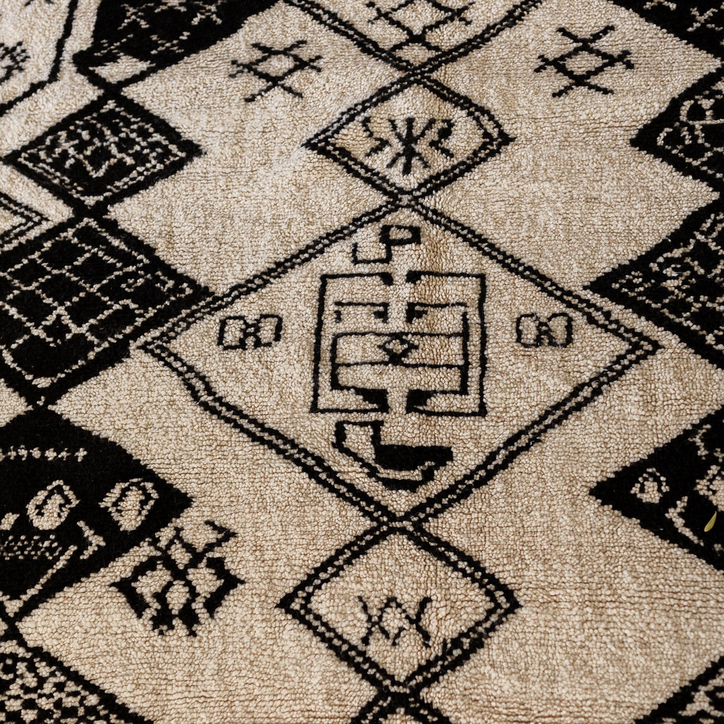 Black and White Azilal Rug – Handmade Moroccan Wool Carpet with Berber Figures