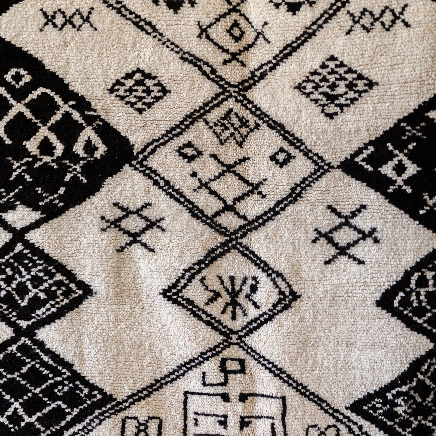 Black and White Azilal Rug – Handmade Moroccan Wool Carpet with Berber Figures