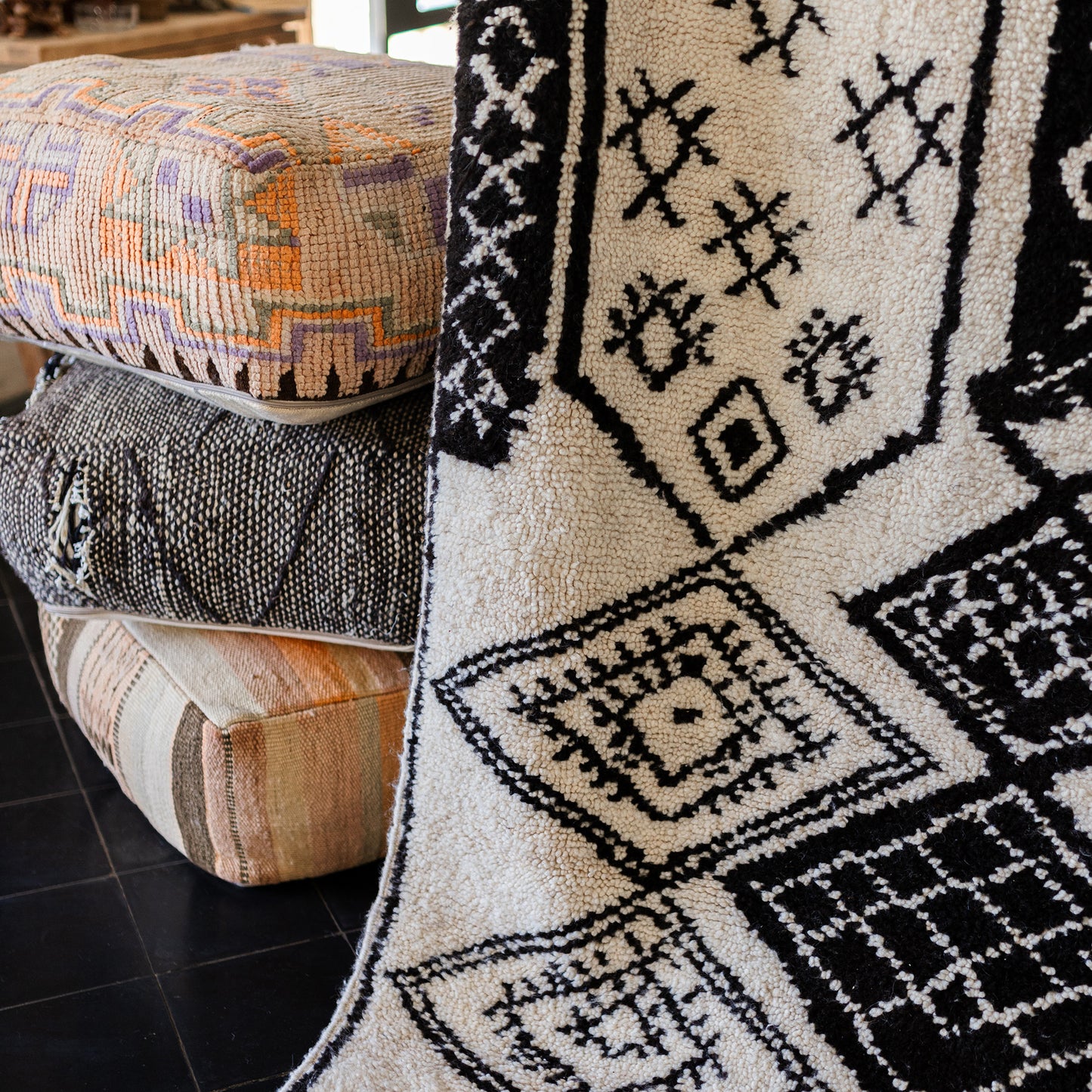 Black and White Azilal Rug – Handmade Moroccan Wool Carpet with Berber Figures