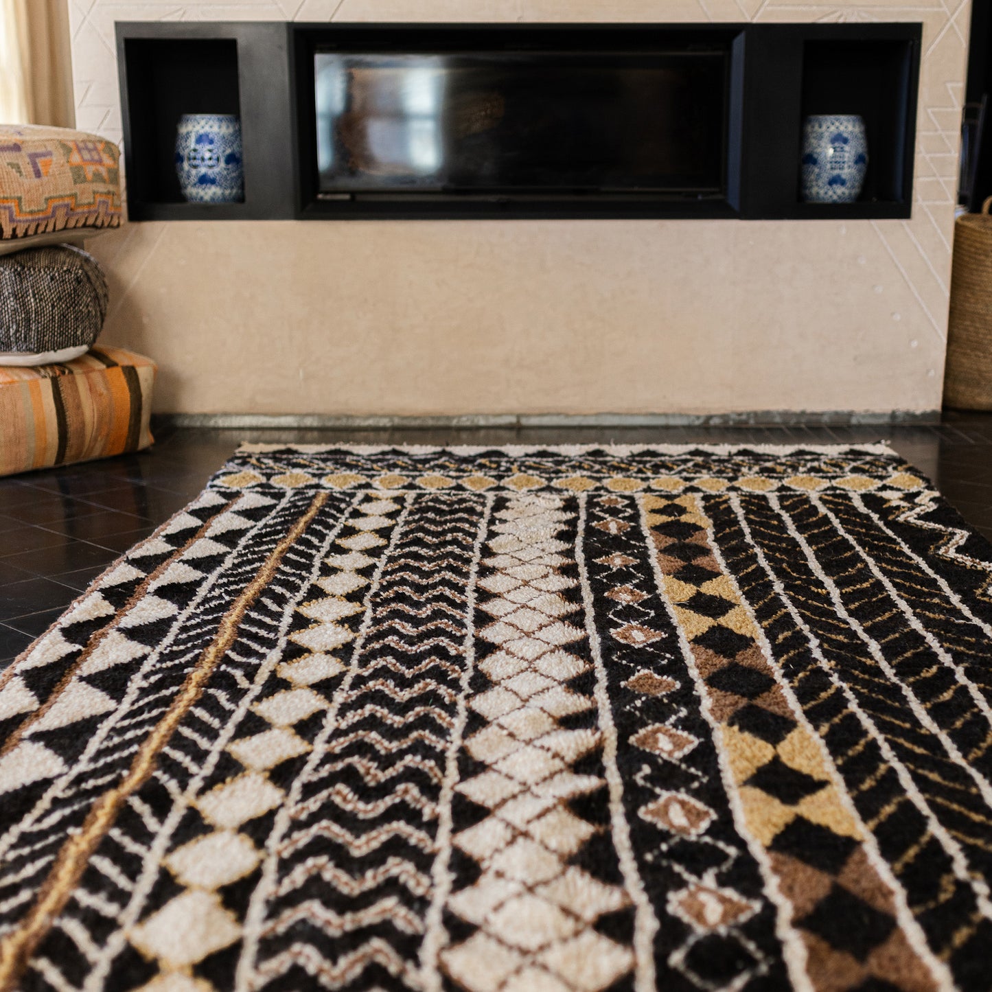 Azilal Rug – Handmade Moroccan Wool Carpet in Black, White, and Yellow Tones