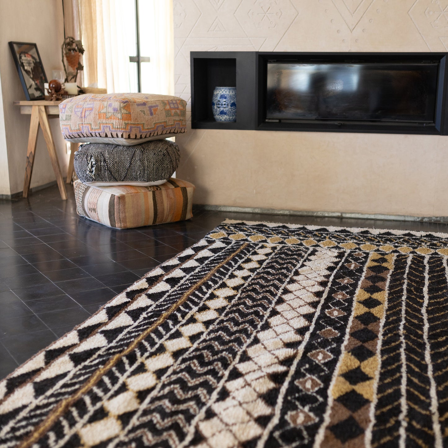 Azilal Rug – Handmade Moroccan Wool Carpet in Black, White, and Yellow Tones