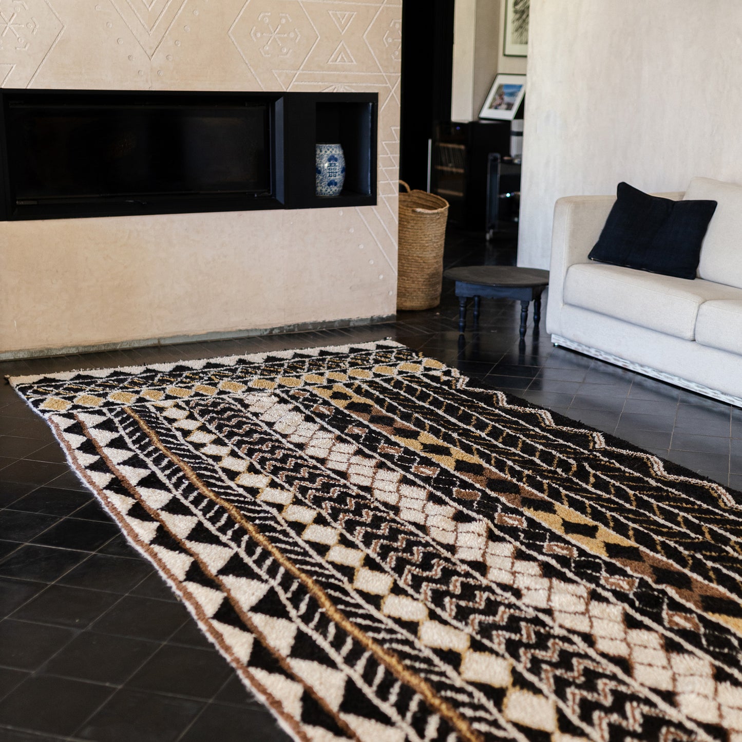 Azilal Rug – Handmade Moroccan Wool Carpet in Black, White, and Yellow Tones