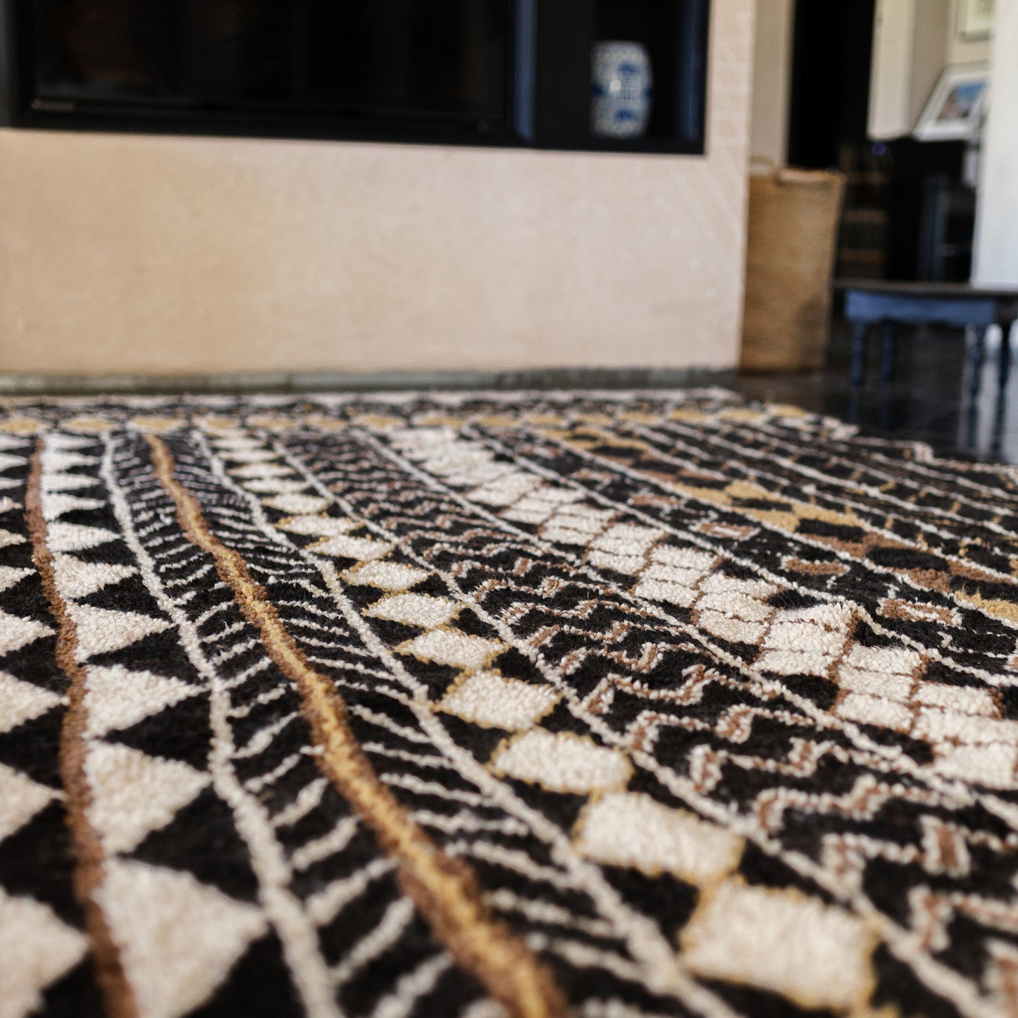 Azilal Rug – Handmade Moroccan Wool Carpet in Black, White, and Yellow Tones
