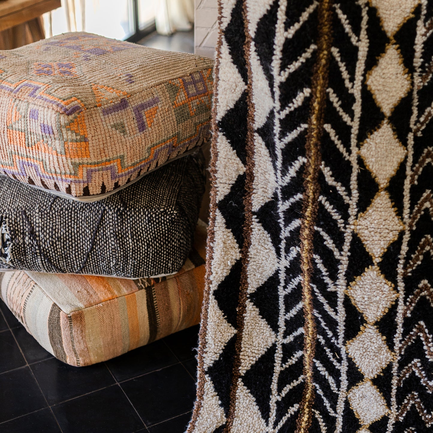 Azilal Rug – Handmade Moroccan Wool Carpet in Black, White, and Yellow Tones