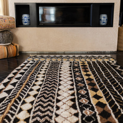Azilal Rug – Handmade Moroccan Wool Carpet in Black, White, and Yellow Tones